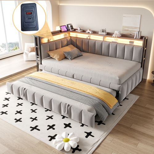 Lit Enfant 90x200cm Avec Lit Gigogne, LED, Ports USB+type-c, Canapé-lit Avec Rangement, Velours Gris