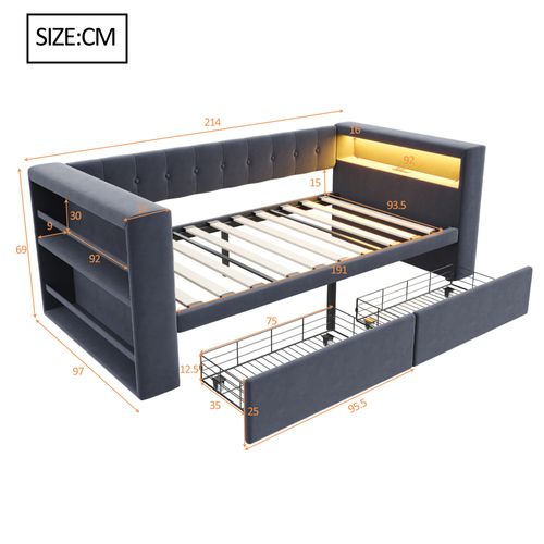 Lit Enfant 90x190 Cm Tissu Flanelle Avec LED, Prises, 2 Tiroirs Et Rangements Intégrés, Gris Foncé