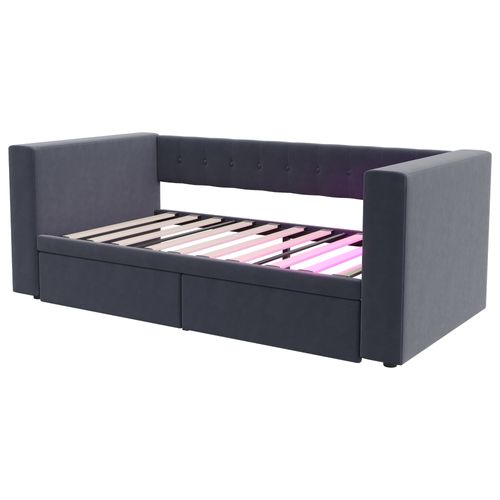 Lit Enfant 90x190 Cm Tissu Flanelle Avec LED, Prises, 2 Tiroirs Et Rangements Intégrés, Gris Foncé