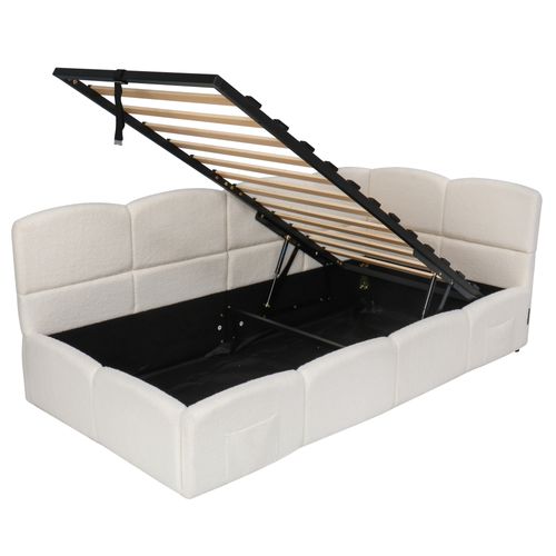 Lit Coffre Enfant 90x200cm En Tissu Bouclé Beige Avec Ports USB Et Rangement, Sommier à Lattes