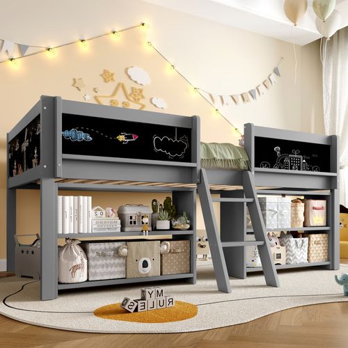 Lit Mi-hauteur 90x200 Cm Avec Étagères De Rangement, Échelle Et Tableaux Noirs à Dessin, Pin Gris