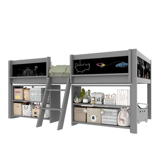 Lit Mi-hauteur 90x200 Cm Avec Étagères De Rangement, Échelle Et Tableaux Noirs à Dessin, Pin Gris