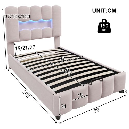 Lit Enfant Coffre 90x200 Cm Velours Rose Avec LED, Rangement Hydraulique, Tête De Lit Réglable