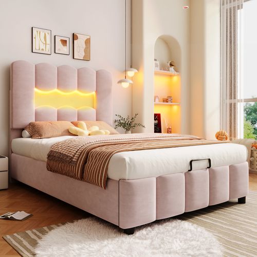 Lit Enfant Coffre 90x200 Cm Velours Rose Avec LED, Rangement Hydraulique, Tête De Lit Réglable
