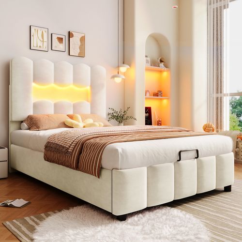 Lit Enfant Coffre 90x200 Cm Velours Avec LED, Rangement Hydraulique, Tête De Lit Réglable, Beige