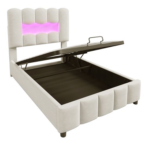 Lit Enfant Coffre 90x200 Cm Velours Avec LED, Rangement Hydraulique, Tête De Lit Réglable, Beige