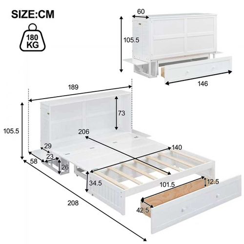 Lit Escamotable 140x200 Cm 2 Places Avec Tiroir Et Étagères Latérales, Bois De Pin Blanc
