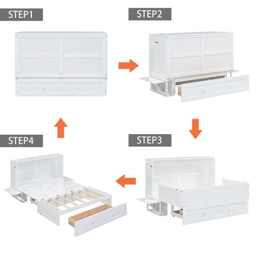Lit Escamotable 140x200 Cm 2 Places Avec Tiroir Et Étagères Latérales, Bois De Pin Blanc