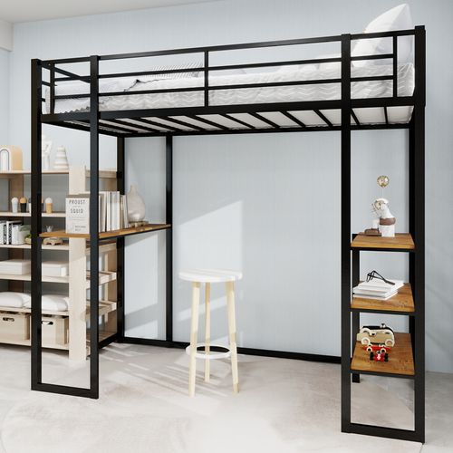 Lit Mezzanine 90x190 Cm En Métal Noir Avec Bureau Intégré Et Étagères De Rangement