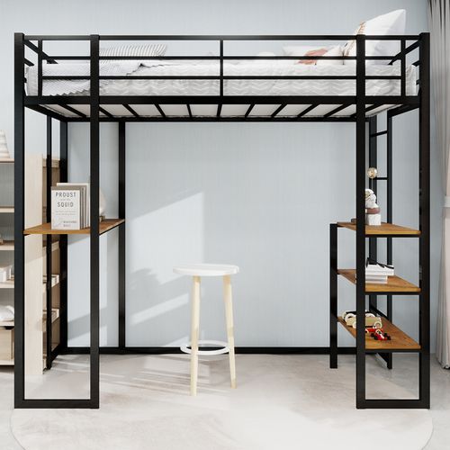 Lit Mezzanine 90x190 Cm En Métal Noir Avec Bureau Intégré Et Étagères De Rangement