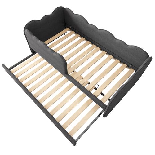 Lit Gigogne Enfant 90x190Cm En Lin Gris, Barrières De Sécurité, Cadre Métal, Sommier à Lattes Bois