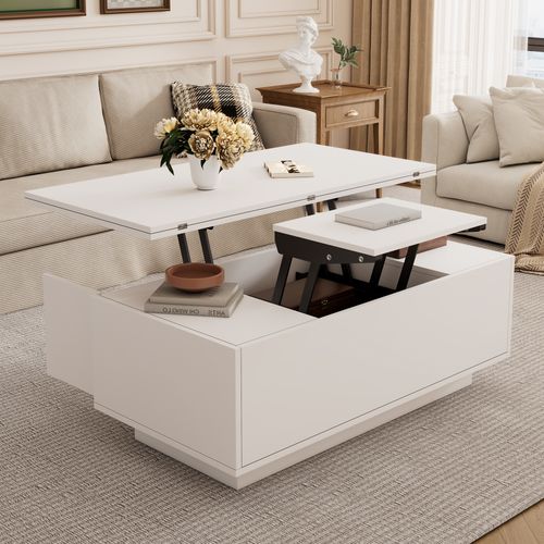 Table Basse Moderne 100x50x55,5cm, Double Mécanisme De Levage, Rangement Caché, Aggloméré Blanc