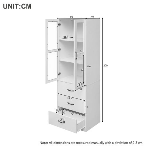 Vitrine Moderne 60x40x200 Cm, LED, 3 Tiroirs, 2 Séparateurs, Panneaux De Particules Et Mdf, Blanc