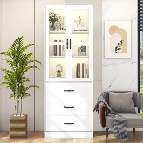 Vitrine Moderne 60x40x200 Cm, LED, 3 Tiroirs, 2 Séparateurs, Panneaux De Particules Et Mdf, Blanc