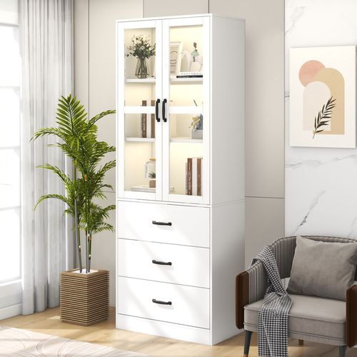 Vitrine Moderne 60x40x200 Cm, LED, 3 Tiroirs, 2 Séparateurs, Panneaux De Particules Et Mdf, Blanc