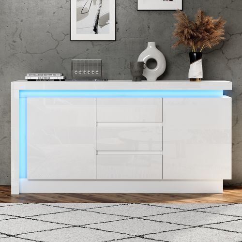 Buffet Moderne 140x35x72 Cm Avec 3 Tiroirs, Alimenté Par USB, LED, Panneaux De Particules Blanc