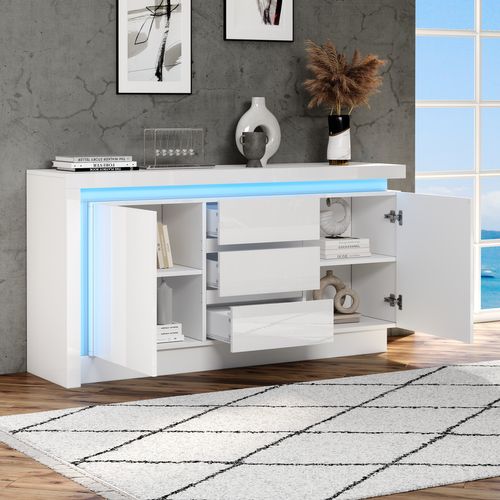 Buffet Moderne 140x35x72 Cm Avec 3 Tiroirs, Alimenté Par USB, LED, Panneaux De Particules Blanc