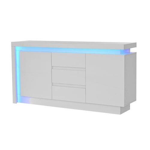 Buffet Moderne 140x35x72 Cm Avec 3 Tiroirs, Alimenté Par USB, LED, Panneaux De Particules Blanc