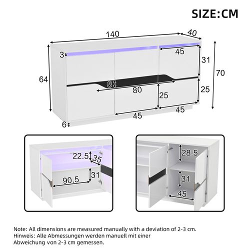 Buffet Moderne 140x40x70 Cm, LED, Étagères Réglables, Panneaux De Particules, Blanc Et Noir