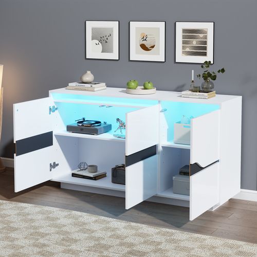 Buffet Moderne 140x40x70 Cm, LED, Étagères Réglables, Panneaux De Particules, Blanc Et Noir