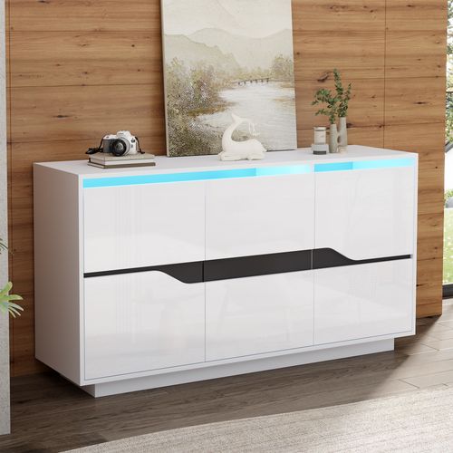 Buffet Moderne 140x40x70 Cm, LED, Étagères Réglables, Panneaux De Particules, Blanc Et Noir