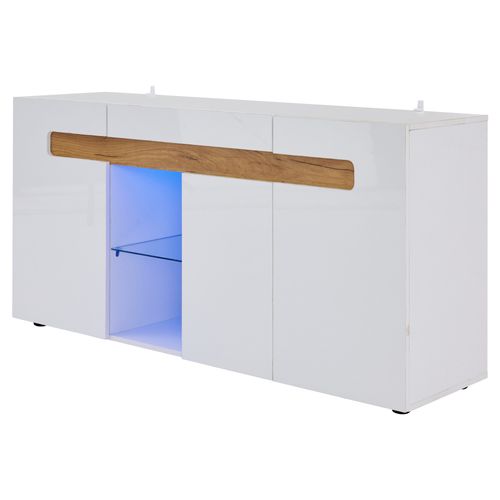 Buffet Moderne 140x40x70 Cm, LED, Motif Bois, Panneaux De Particules, Blanc Et Naturel