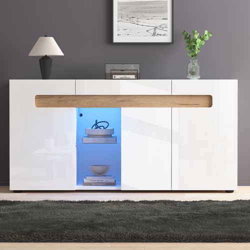 Buffet Moderne 140x40x70 Cm, LED, Motif Bois, Panneaux De Particules, Blanc Et Naturel