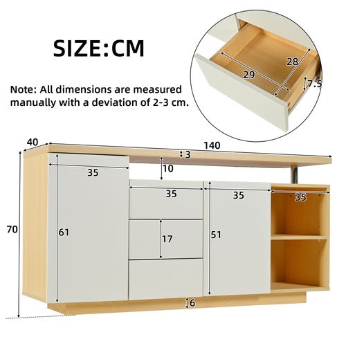 Buffet Moderne 140x40x70 Cm, 3 Tiroirs, LED, Motif Bois, Panneaux De Particules, Blanc Et Naturel