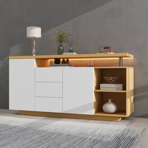 Buffet Moderne 140x40x70 Cm, 3 Tiroirs, LED, Motif Bois, Panneaux De Particules, Blanc Et Naturel