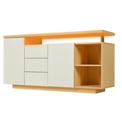 Buffet Moderne 140x40x70 Cm, 3 Tiroirs, LED, Motif Bois, Panneaux De Particules, Blanc Et Naturel