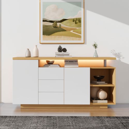 Buffet Moderne 140x40x70 Cm, 3 Tiroirs, LED, Motif Bois, Panneaux De Particules, Blanc Et Naturel