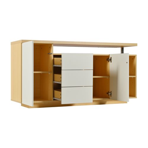 Buffet Moderne 140x40x70 Cm, 3 Tiroirs, LED, Motif Bois, Panneaux De Particules, Blanc Et Naturel