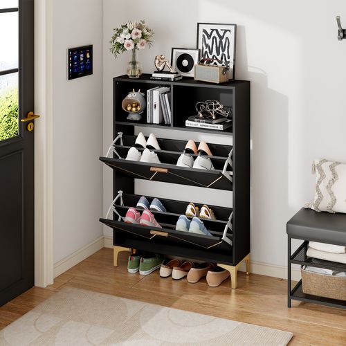 Meuble à Chaussures Moderne 80x25x117 Cm, 4 Compartiments à Chaussures, Mdf Et Métal, Noir