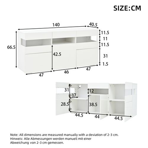Buffet De Salon 140x40,5x66,5 Cm, LED, 6 Niches, Panneaux De Particules Et Acrylique, Blanc