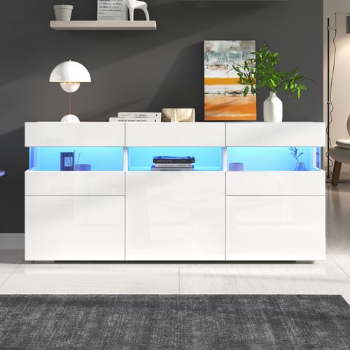 Buffet De Salon 140x40,5x66,5 Cm, LED, 6 Niches, Panneaux De Particules Et Acrylique, Blanc