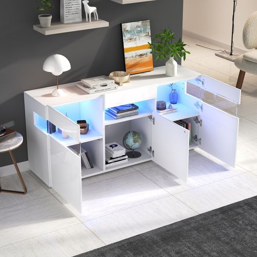 Buffet De Salon 140x40,5x66,5 Cm, LED, 6 Niches, Panneaux De Particules Et Acrylique, Blanc
