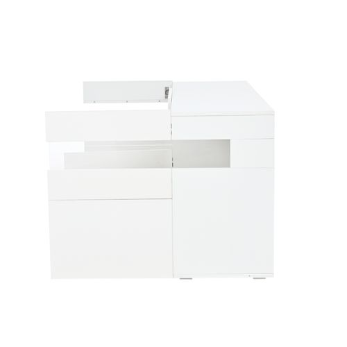 Buffet De Salon 140x40,5x66,5 Cm, LED, 6 Niches, Panneaux De Particules Et Acrylique, Blanc