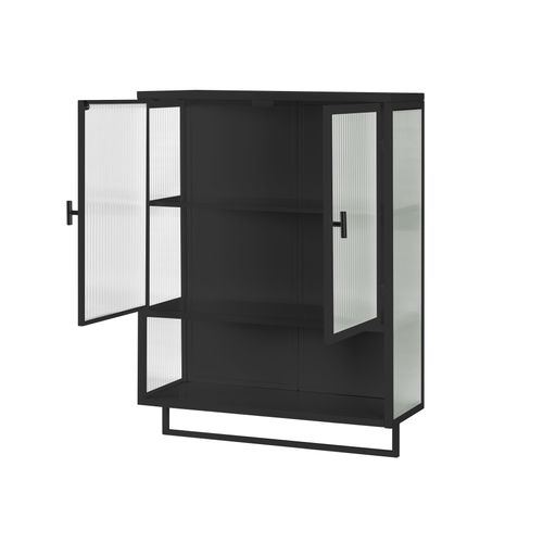 Armoire De Toilette 60x23x78cm, 2 Portes En Verre, Design Simple, Étagère, Métal+verre, Noir