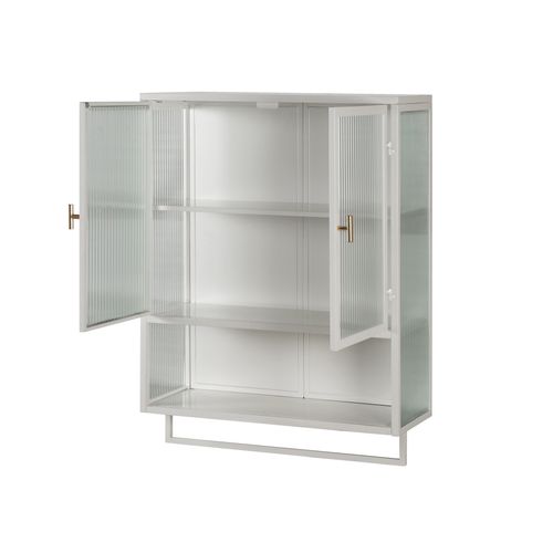Armoire De Toilette 60x23x78cm, 2 Portes En Verre, Design Simple, Étagère, Métal+verre, Blanc