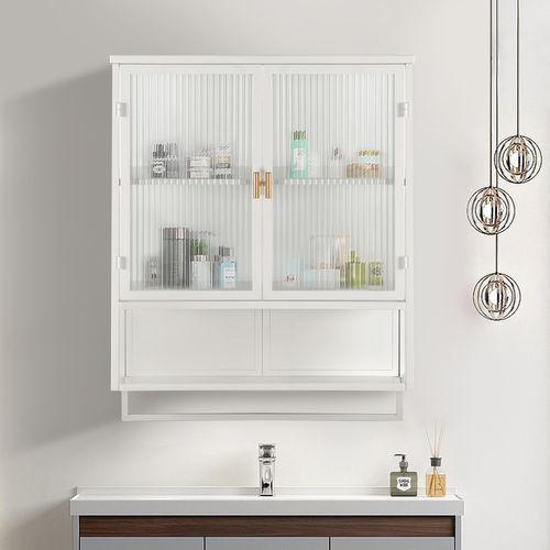 Armoire De Toilette 60x23x78cm, 2 Portes En Verre, Design Simple, Étagère, Métal+verre, Blanc