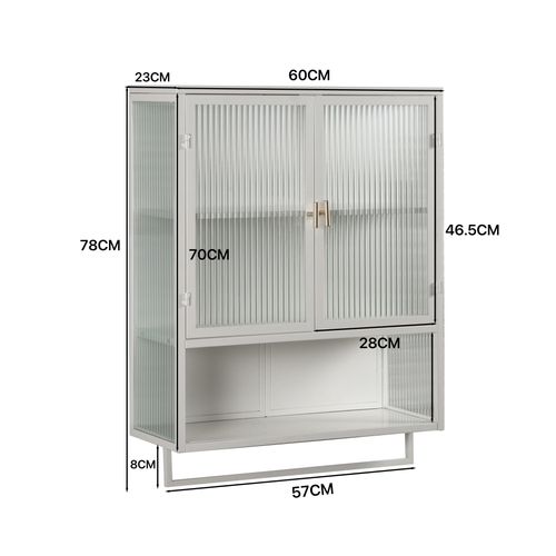 Armoire De Toilette 60x23x78cm, 2 Portes En Verre, Design Simple, Étagère, Métal+verre, Blanc