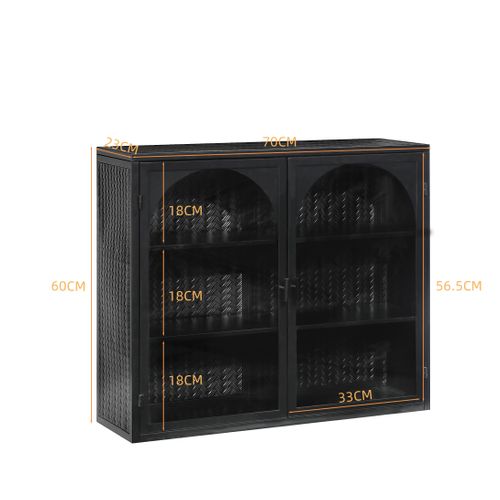 Armoire Murale 70x23x60cm, Moderne, 2 Portes En Verre, Motif Tressé , Étagère, Métal, Noir