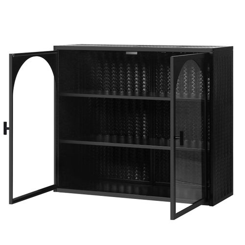Armoire Murale 70x23x60cm, Moderne, 2 Portes En Verre, Motif Tressé , Étagère, Métal, Noir