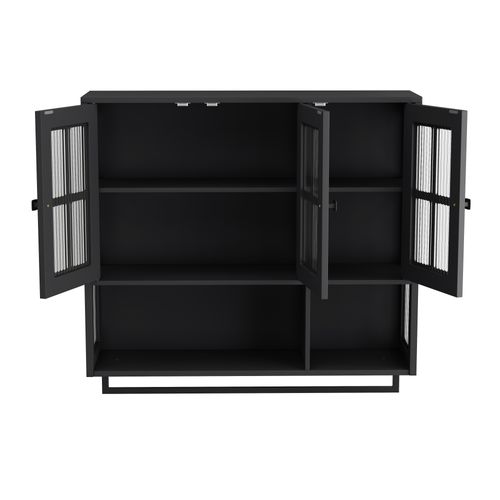 Armoire Murale88x26x82,5cm, 3 Portes En Verre Cannelé, Moderne, Portemouchoir, Mdf+métal, Noir