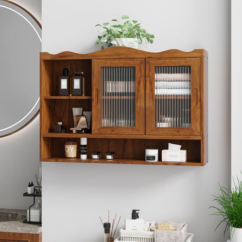 Armoire Murale90x20x60cm, 2 Portes En Verre Coulissantes, Naturel, Bois, Marron