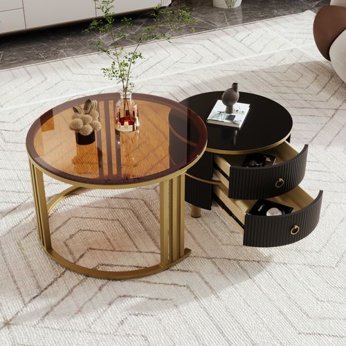 Lot De 2 Table Basse, Table Ronde, 2 Tiroirs En Bois, Moderne, Verre, Mdf, Noir+doré+marron