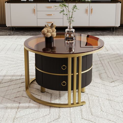 Lot De 2 Table Basse, Table Ronde, 2 Tiroirs En Bois, Moderne, Verre, Mdf, Noir+doré+marron