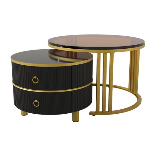Lot De 2 Table Basse, Table Ronde, 2 Tiroirs En Bois, Moderne, Verre, Mdf, Noir+doré+marron