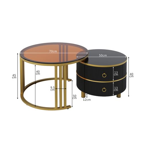 Lot De 2 Table Basse, Table Ronde, 2 Tiroirs En Bois, Moderne, Verre, Mdf, Noir+doré+marron