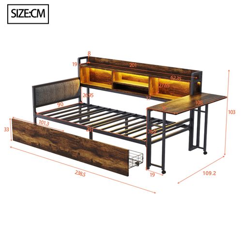 Lit Enfant 90x200 Cm Avec LED, Tiroir, Bureau Pliant Et Prise, Rangement Pratique